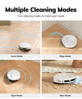 V2 Robot Vacuum Cleaner With Tangle Free Suction And Ultra Slim Two Point Nine Nine Inch Profile 120 Minute Runtime Self Charging Design Ideal For Pet Hair And Hard Floors showing multiple cleaning modes on hard floors.