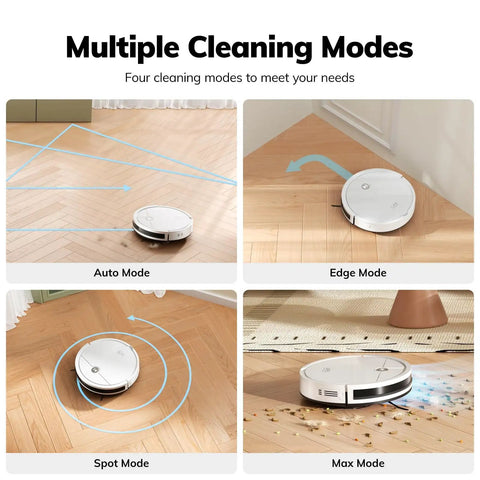 V2 Robot Vacuum Cleaner With Tangle Free Suction And Ultra Slim Two Point Nine Nine Inch Profile 120 Minute Runtime Self Charging Design Ideal For Pet Hair And Hard Floors showing multiple cleaning modes on hard floors.