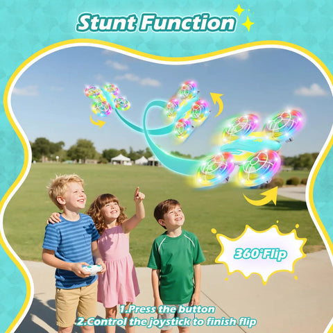Children play with One Touch Takeoff RC Drone For Kids 6 and up with remote, performing a 360 degree flip outdoors
