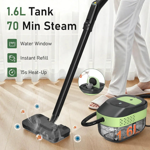 14 In 1 Multifunctional Steam Cleaner Mop With Handheld Steamer Mode For Deep Home Dirt Removal On Hardwood Tile And Carpet Chemical Free Sanitation For Kitchen Bathroom Car Upholstery Cleaning Solution with 1.6L tank and instant refill feature.