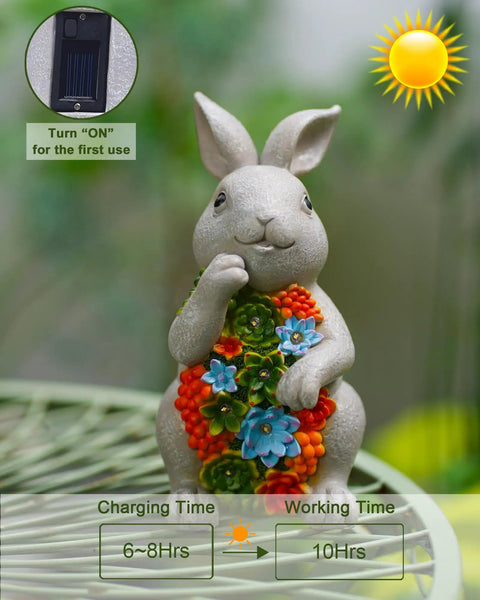 Solar Garden Bunny Statue With Succulent And Seven LED Lights Lawn Decor For Patio Balcony And Yard Best Gift