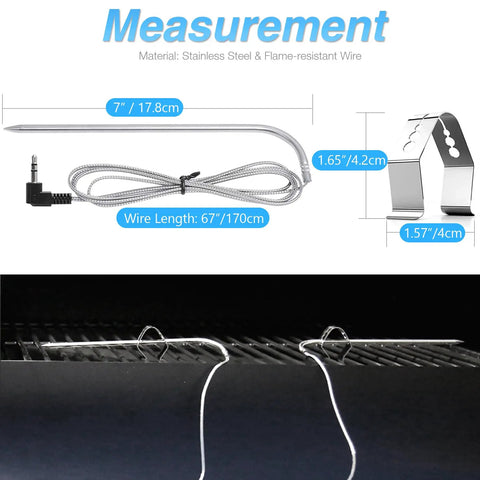 BBQ Thermometer Probes Kit For Wood Pellet Grills With Clip Grommets And Silicone Meat Probe Grommets, showing probe dimensions