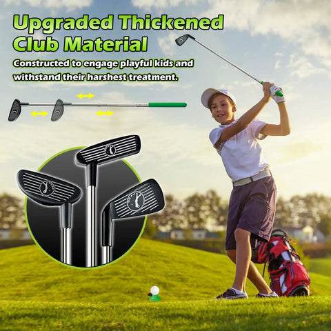 Child golfing with 3 In 1 Kids Golf Set With Dinosaur Automatic Returner, clubs feature thickened material on grassy field.