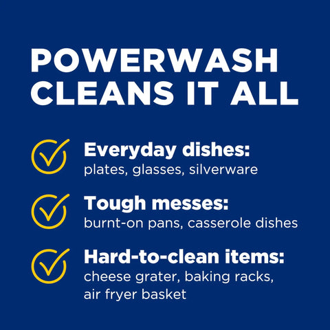 Text image with cleaning claims for Powerwash Spray Dish Soap Fresh Scent Starter Kit With Three Refills Four 16 Ounce Bottles.