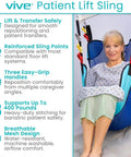 Vive Light Transfer Sling For Showering And Home Care, blue mesh material, supports up to 400 lbs, with three grip handles.