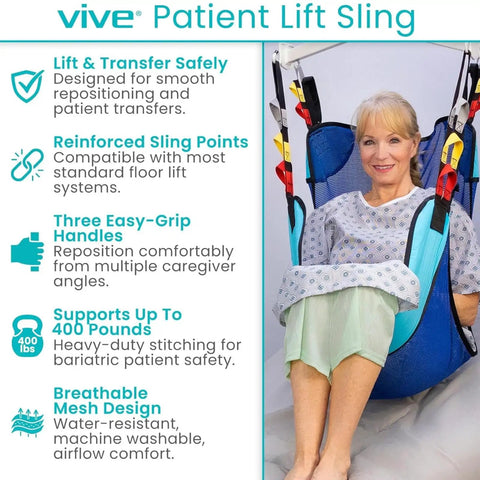 Vive Light Transfer Sling For Showering And Home Care, blue mesh material, supports up to 400 lbs, with three grip handles.