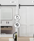52 Inch Bi Folding Sliding Barn Door Hardware Track Kit For Small Spaces With Smooth And Quiet Operation Side Mounted Black Rollers Easy Install Door Not Included Fits Four 12 Inch Bifold Doors installed in bathroom