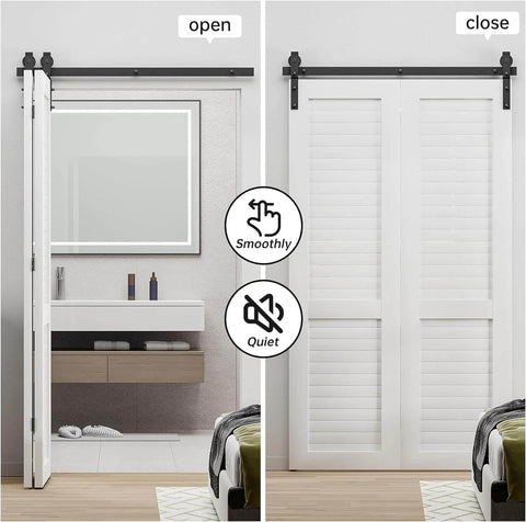 52 Inch Bi Folding Sliding Barn Door Hardware Track Kit For Small Spaces With Smooth And Quiet Operation Side Mounted Black Rollers Easy Install Door Not Included Fits Four 12 Inch Bifold Doors installed in bathroom