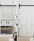 Heavy Duty 80 Inch Bi Folding Sliding Barn Door Hardware Track Kit With Silky Smooth Black Rollers For Quick Room Division And No Sweat Installation, shown open and closed.