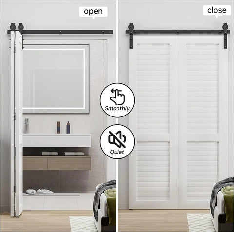 Heavy Duty 80 Inch Bi Folding Sliding Barn Door Hardware Track Kit With Silky Smooth Black Rollers For Quick Room Division And No Sweat Installation, shown open and closed.