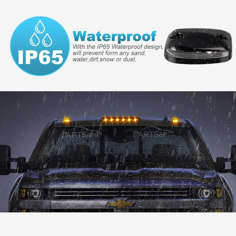 Clear Lens Cab Roof Marker Lights With 12 LED Amber Top Assembly for Silverado Sierra Rigs in rain with IP65 waterproof label