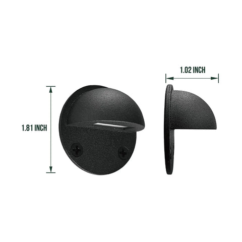 8 Pack Low Voltage LED Deck Lights Mini Eyelid Step Lights With 0.8W Integrated LED Chips IP65 Waterproof Outdoor Use Warm White 3000K Die Cast Aluminum With Black Powder Coat Finish To Boost Curb Appeal On Walkways And Decks. Front and side view dimensions of black powder-coated LED step light.