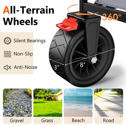 All-terrain wheel of 3 In 1 Collapsible Foldable Wagon With 300 Lbs Capacity And 150 L Heavy Duty Utility Cart Removable Canopy All Terrain Beach Wheels And Drink Holders Gray No Sweat Outdoor Hauling