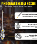 Fine grease needle nozzle with universal connector and durable build for 9 Piece Grease Gun Accessory Kit ideal for tight spaces.