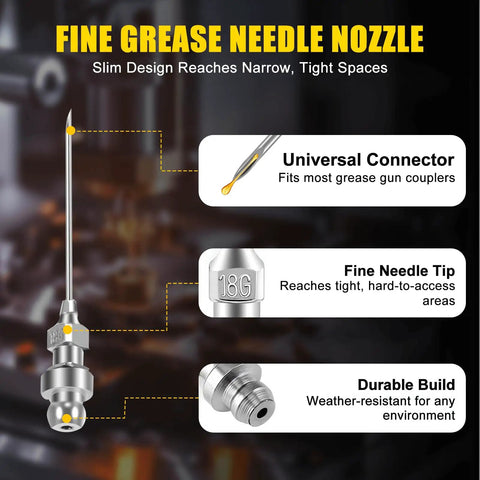 Fine grease needle nozzle with universal connector and durable build for 9 Piece Grease Gun Accessory Kit ideal for tight spaces.