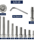 10 Piece Set 1/2-13 X 2 1/2 Inch Socket Head Cap Screws Built Tough 304 Stainless Steel showing various lengths and a hex spanner.