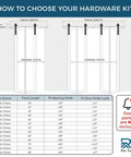 Diagram of track length and door width options for the Gold Finish Bifold Barn Door Hardware Kit with size chart.
