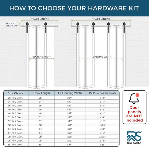 Diagram of track length and door width options for the Gold Finish Bifold Barn Door Hardware Kit with size chart.