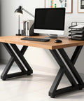 Heavy Duty Black Metal Table Legs Set Of 2 28 Inch High T Shape Iron Desk Legs For DIY Dining Tables And Desks Supports Up To 800 Pounds Modern Matte Finish Look supporting a wooden desk