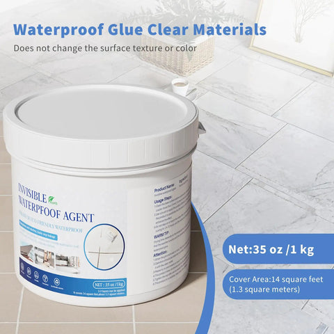 Invisible Waterproof Sealant Adhesive For Roofs And Walls No Drip Repair Coating For Bathrooms And Showers Window Sills And Indoor Outdoor Use 35 Oz Bottle displayed on the floor
