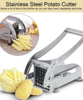 Side-view of stainless steel potato cutter and French fry slicer with lever handle; kitchen veggie and fruit chopper.