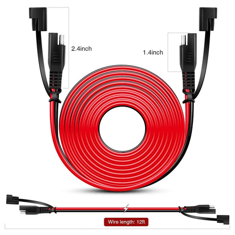 Heavy Duty 2 Pack SAE Extension Cable 12 Foot 16AWG Wiring Harness featuring quick disconnect plugs, coiled red wire.