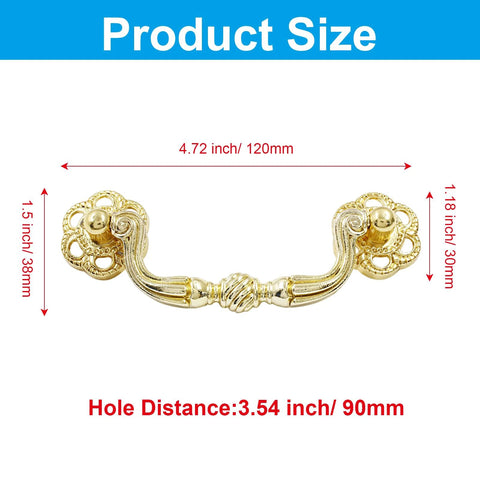Product size details of Gold Drop Bail Drawer Pulls 4 Pack 120mm Cabinet Handles with 90mm center to center hole spacing.