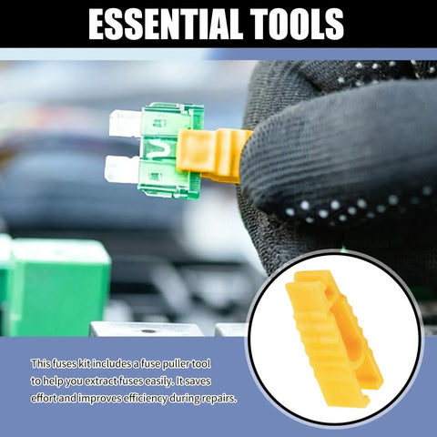 Tight 120 Piece Car Mini Fuse Assortment Kit With Heavy Duty Puller Tool For All Your Rides. Close-up of fuse puller tool in use.