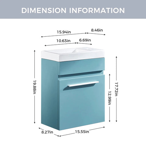 Compact 16 Inch Floating Bathroom Vanity With White Ceramic Vessel Sink Blue MDF Storage Cabinet Modern Minimalist Design