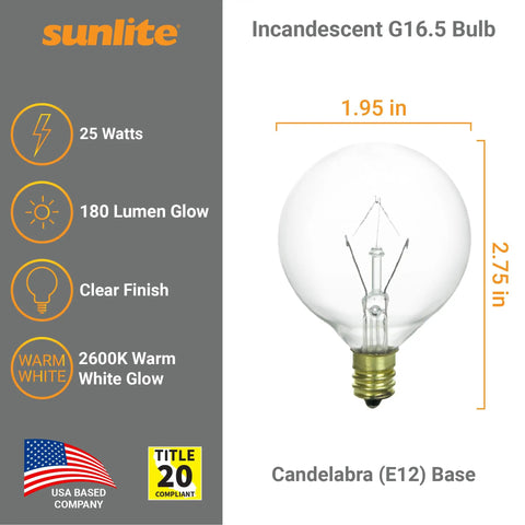 Clear G16 5 Globe Light Bulb 25W 120V Dimmable E12 Candelabra Base for Chandeliers Vanity Mirrors Wall Sconces Sign Displays