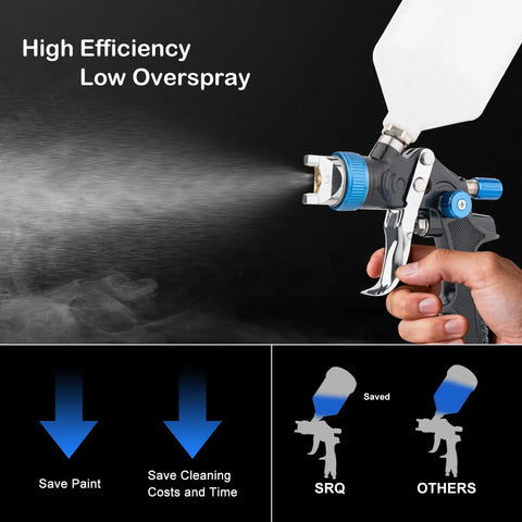 Heavy Duty Hvlp Gravity Feed Spray Gun With Triple Adjust Dials And Air Gauge Running Slick For Car Paint Primer And Top Coat Dropping Smooth Glass Finish Fast Clean Up And Built Tough For Your Hood Respray In Blue spraying paint with low overspray and high efficiency.