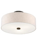 Meridian Collection 3 Light Semi Flush Mount Ceiling Fixture With Oatmeal Fabric Drum Shade And Satin White Diffuser In English Bronze Finish