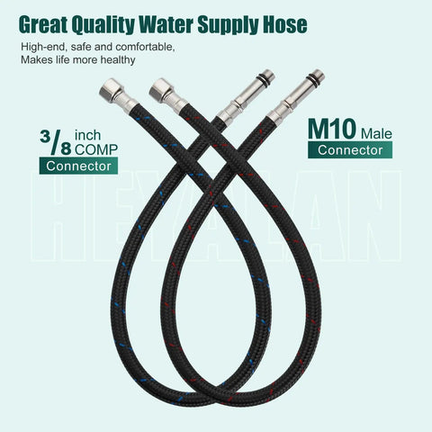 Two braided water supply hoses with 3/8 inch COMP and M10 male connectors, durable for plumbing applications.