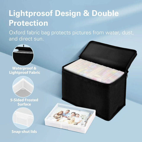 5x7 Photo Storage Box Set With 8 Inner Photo Cases Ultra Roomy Capacity Holds Up To 1000 Photos Includes Carry Bag in black fabric