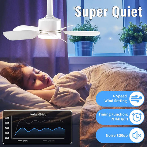 20 Inch Ceiling Fan With Light Socket Remote Plug And Play 30W 2000 Lumens installed in bedroom with sleeping child and noise chart