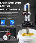 Air Operated 60 To 1 Grease Pump With Dual Grease Gun Couplers for 5 Gallon Buckets, featuring drum cover and control valve