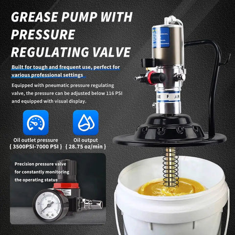 Air Operated 60 To 1 Grease Pump With Dual Grease Gun Couplers for 5 Gallon Buckets, featuring drum cover and control valve