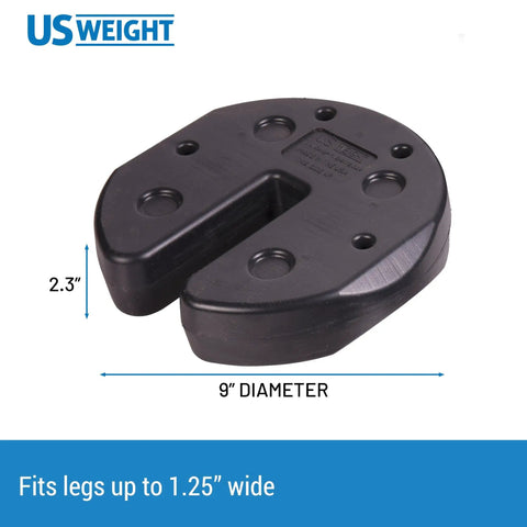 Set Of Four 40 Pound Canopy Weights With Carry Strap Heavy Duty No Pinch Design For Easy Installation And Secure Tents Canopies And Umbrellas At Outdoor Events showing weight dimensions 2.3in by 9in and fits 1.25in poles