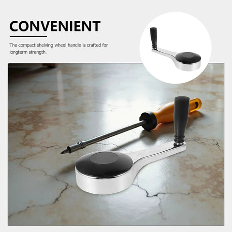 Heavy Duty L Shaped Hand Crank Wheel With Knob For Mobile Shelving Archives on a countertop with a screwdriver.