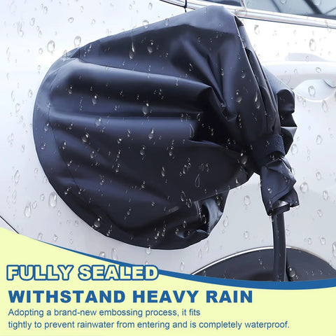 Universal EV Charger Port Cover With Heavy Duty Magnetic Seal Straight Up Waterproof Rain Snow Dust Proof Electric Vehicle Charging Plug Protector shown in heavy rain with droplets.