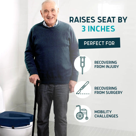Total Game Changer Elevated Toilet Seat Riser Adds Three Inches Of Firm High Density Foam Support Perfect For Seniors Wanting Easy Sit Stand Independence With A Universal Bathroom Fit And No Sweat Daily Reliability