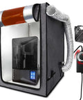 Pro Grade Ventilated Resin 3D Printer Enclosure for odor control with adjustable fan, shown with a 3D printer inside. Fire-resistant material.