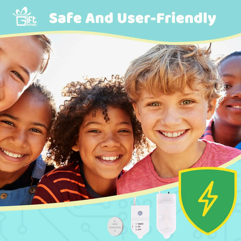 Happy children holding Paper Circuit Kit For Kids STEM Electric Circuit Lab with LED lights and copper tape.