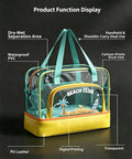 Dry Wet Separated Storage Bag For Gym And Beach Gear with Waterproof Pocket, transparent compartments, and cartoon prints.