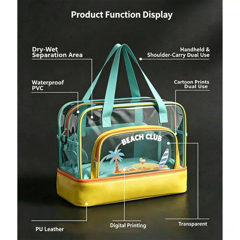 Dry Wet Separated Storage Bag For Gym And Beach Gear with Waterproof Pocket, transparent compartments, and cartoon prints.