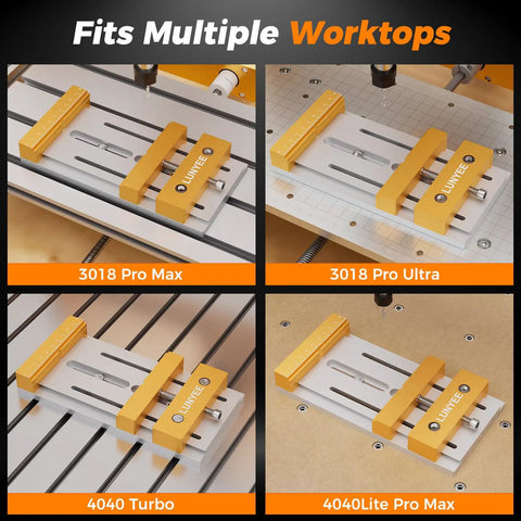 High Precision CNC Vise Worktable For Desktop Router Machines 7.87 By 3.94 Inch 20x10cm Clamp Range 136mm shown on multiple worktops