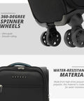 Close-up of 360-degree spinner wheels and black water-resistant Underseat Carry On Luggage With Wheels 14 Inch Softside Spinner Travel Bag