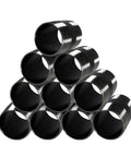 Ten 3/4 inch black steel pipe nipples stacked in pyramid, showing threads, for Three Quarter Inch Black Steel Pipe Nipple Set In Ten Pack For DIY Furniture