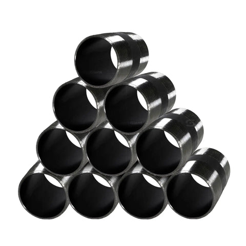 Ten 3/4 inch black steel pipe nipples stacked in pyramid, showing threads, for Three Quarter Inch Black Steel Pipe Nipple Set In Ten Pack For DIY Furniture