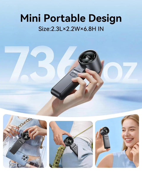 Ultra Portable USB Rechargeable Handheld Fan With 100 Speed Turbo Airflow LED Display 120 Degree Rotation in hand